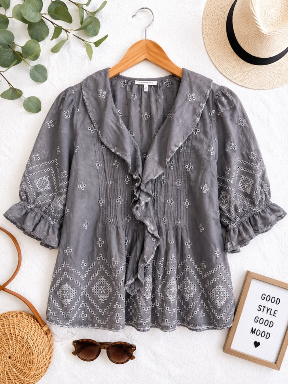 Madewell Embroidered Ruffle Collar Puff Sleeve Blouse Size Medium